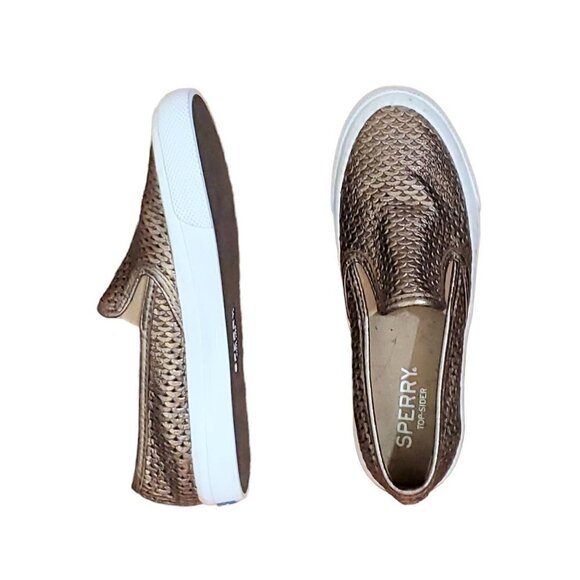 ❤️403 Sperry Seaside Perforated Platinum Metallic Gold Slip-On Sneaker - Picture 4 of 12